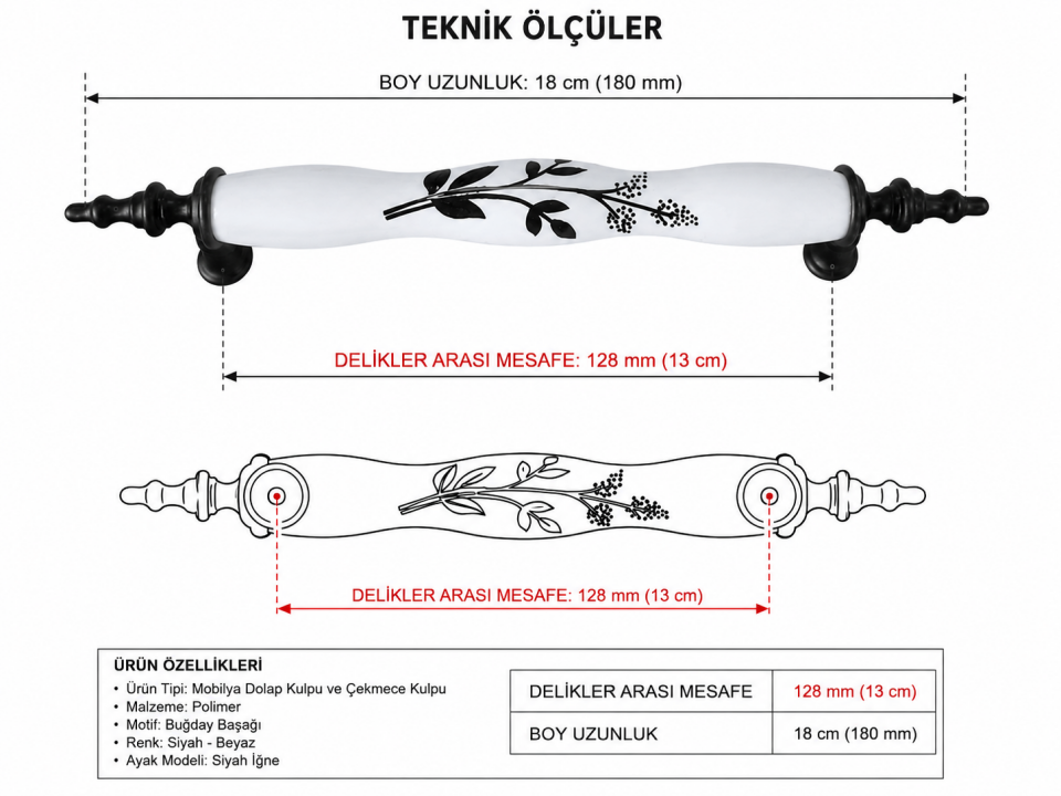 Mobilya Dolap Kulpu ve Çekmece Kulpu Siyah - 128mm