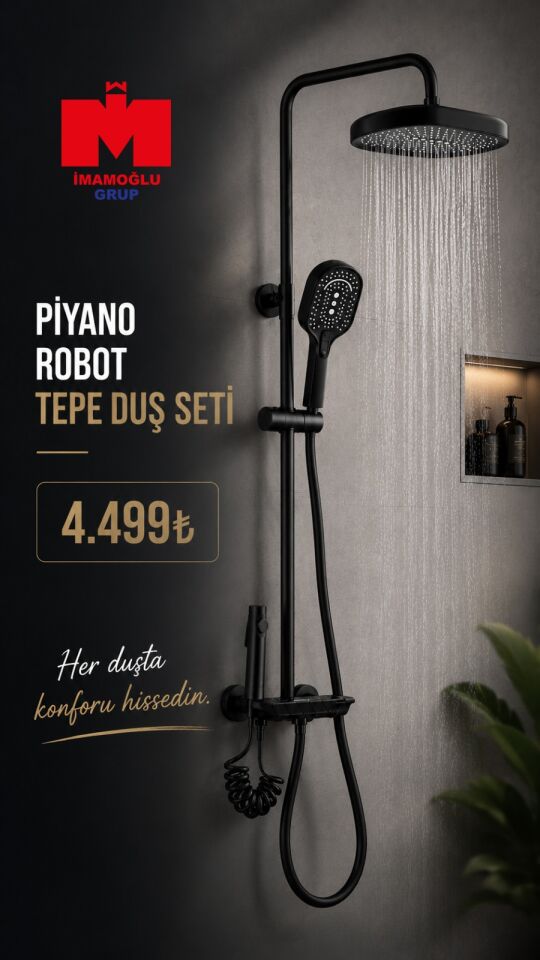Piyano Robot Tepe Duş Seti Siyah – Modern Banyo Duş Sistemi
