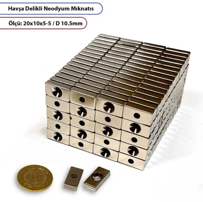 Havşa Delikli Neodyum Mıknatıs Dikdörtgen 20X10X5 mm