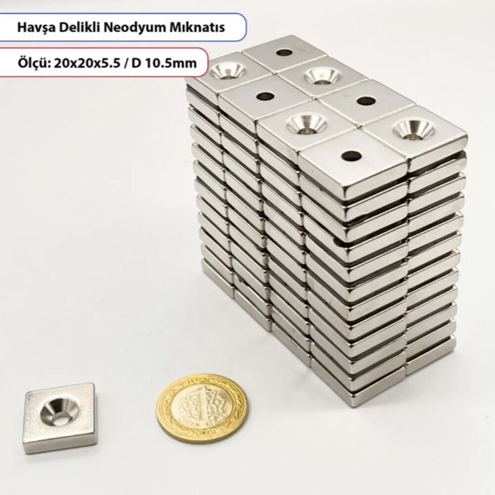 Havşa Delikli Neodyum Mıknatıs Kare 20X20X5 mm