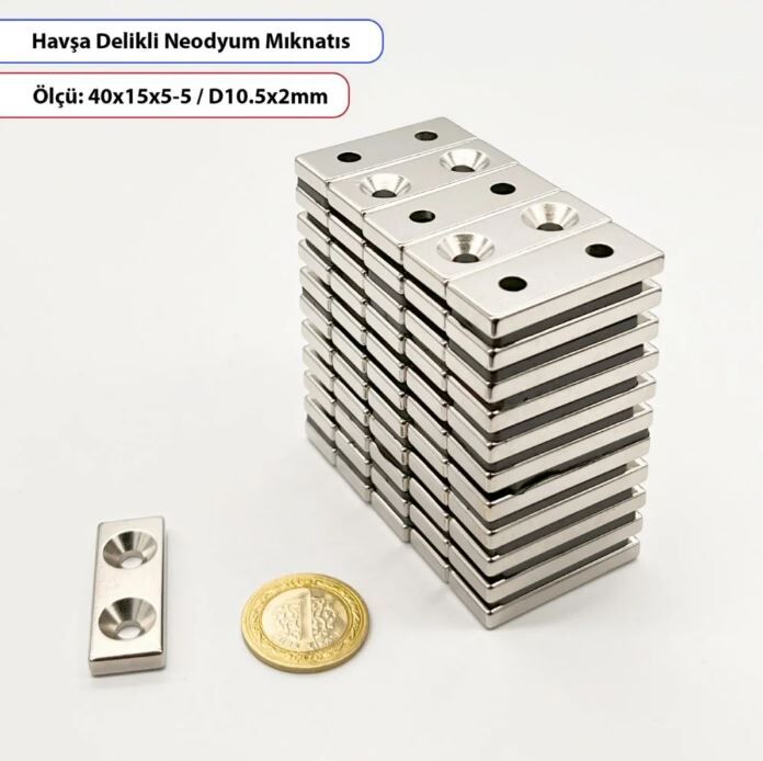 Havşa Delikli Neodyum Mıknatıs Dikdörtgen 40X15X5 mm