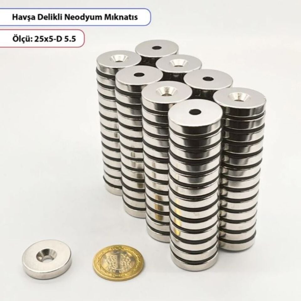 Havşa Delikli Neodyum Mıknatıs Yuvarlak 25x5mm