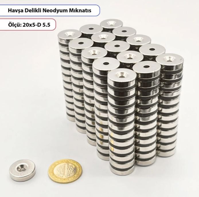 Havşa Delikli Neodyum Mıknatıs Yuvarlak 20x5 mm