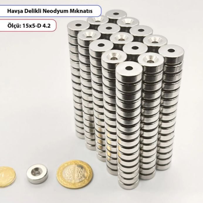 Havşa Delikli Neodyum Mıknatıs Yuvarlak 15x5mm