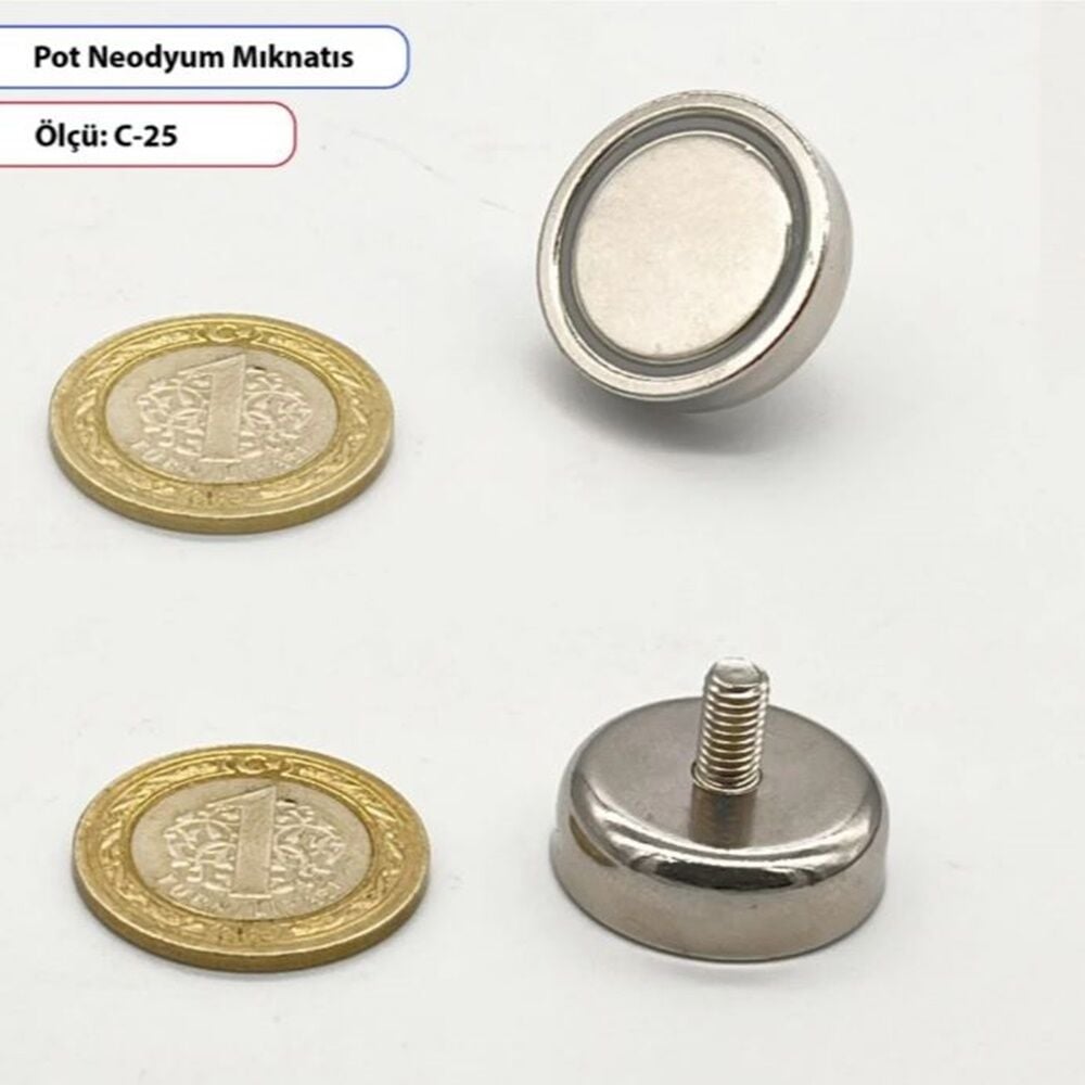 Erkek Vidalı Neodyum Mıknatıs Pot C25 mm