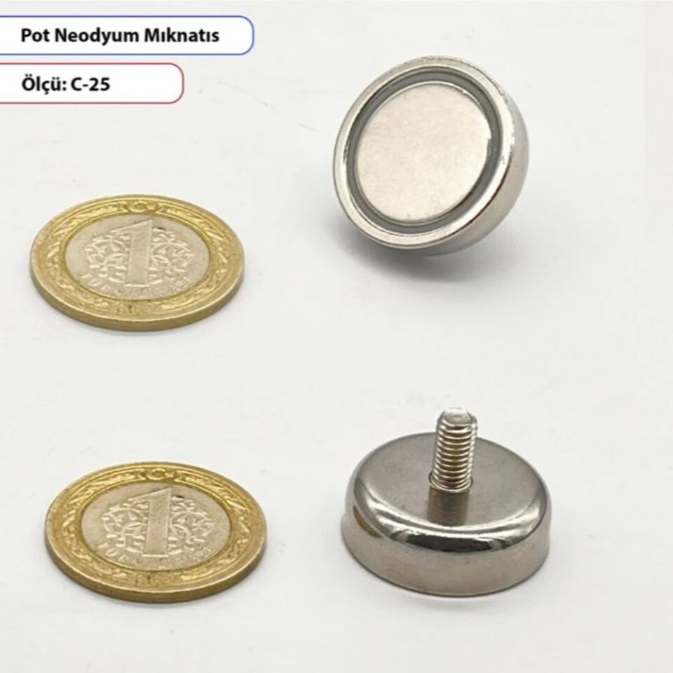 Erkek Vidalı Neodyum Mıknatıs Pot C25 mm