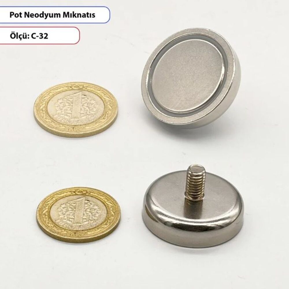 Erkek Vidalı Neodyum Mıknatıs Pot C32 mm